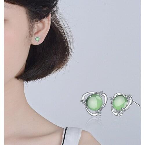 TJP Charm Silver 925 Stud Earrings For Women Jewelry Green Cat Stones Girl Wedding Party Silver Earrings Accessories Bride Bijou