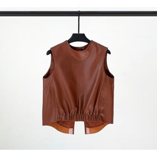 Spring New Style Leather Vest Women Short Round Neck Elastic Waist Split Sheep Leather Casual Jacket Shearling Jacket Women