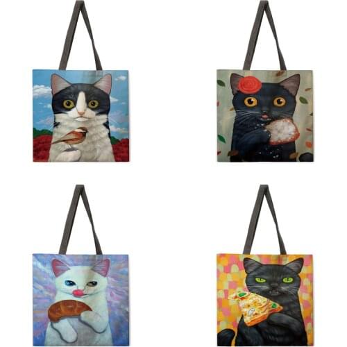Greedy cat print tote bag Ladies casual tote bag Ladies shoulder bag Reusable shopping bag Outdoor beach bag Fashion bag