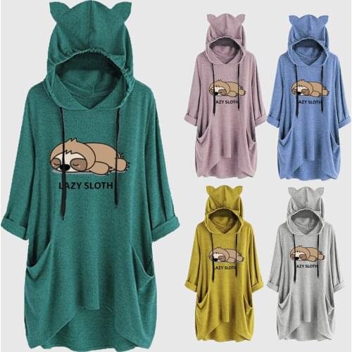 Sloth Printed Fleece Hoodie Pocket Long Sweatshirts Blouse Streetwear Womens Hip Hop Casual Y2k Pullover Hooded Female Tops