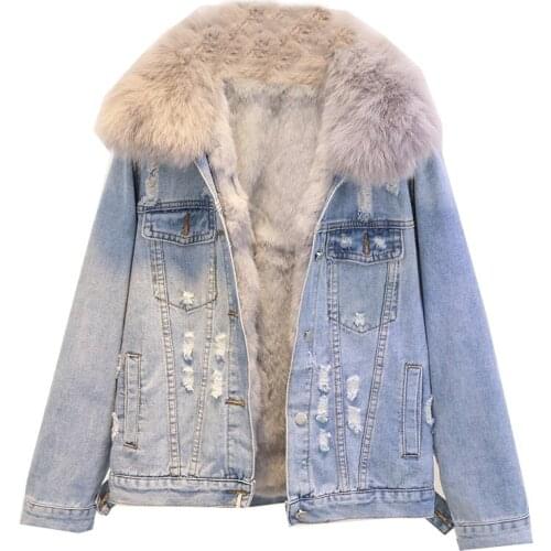 Natural Fox Fur Collar + New Removable Real Rabbit Hair Inner Thickened Warm Denim Jacket Winter Coat Women Warm Coats Jacket