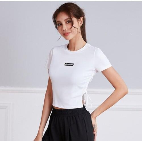 Women Drawstring Yoga Shirts Gym Crop Top Summer Quick Dry Sports Running Short Sleeve Fitness Training Workout Sportswear