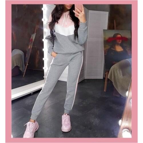 2020 Fashion Pink Sportswear Autumn Winter Korean womens Hooded Jogger Sweater Pants Tracksuit Two Piece set Plus Size Clothing