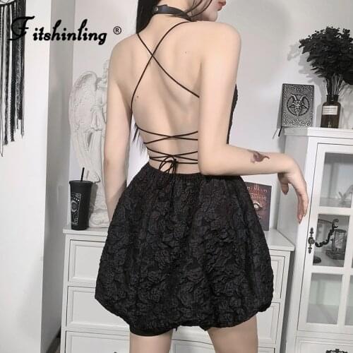 Fitshinling Backless Gothic Summer Dress Women Lace Up Slim Sexy Ball Gown Robe Grunge Punk Dark Party Short Dresses Ladies Sale