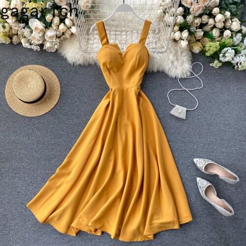 Gagarich Women A-line Dress 2020 New Design V-neck Backless Vintage Solid Color Waist Thin Bohemian Dresses Robe