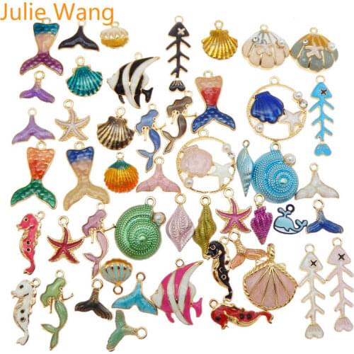 Julie Wang 10PCS Enamel Marine Organism Charms Alloy Random Mixed Mermaid Shell Fish Necklace Bracelet Jewelry Making Accessory