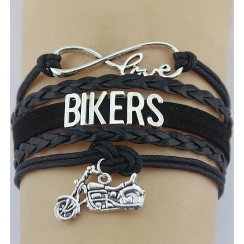 10PC Silver Plated Infinity Love Bikers motorcycle bike motor Charms Bracelet Adjustable Leather Bracelets for Women Men Jewelry