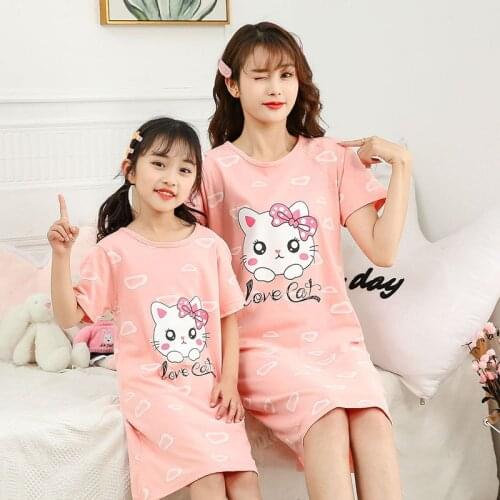 100% Cotton Girls Night Dress Childrens Pajamas Sleepwear Dresses Nightgown Summer Short Sleeves Cartoon Nightdress Soft Cute