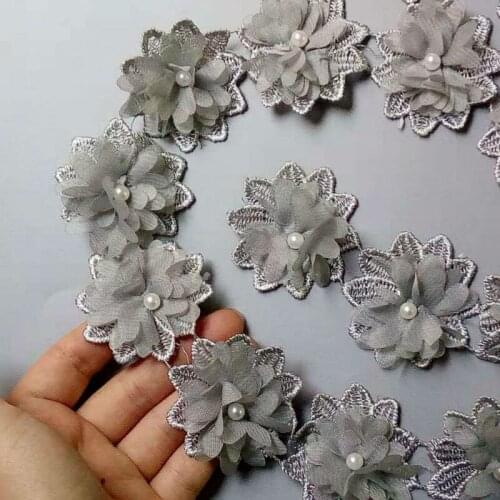2 yard Gray Soluble Chiffon Pearl Flowers Embroidered Lace Trim Ribbon Fabric Sewing Craft For Costume Wedding Dress Decoration
