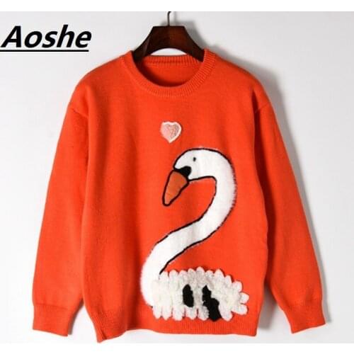 Aoshe Designer Oversized Sweater For Women 2018 New Swan Patchwork Long Sleeve Knitted Pullover Korean Chic Jumper