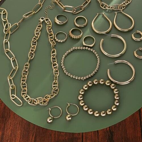 New Trendy Gold Metal Thick Link Chains Necklaces Bracelets for Women Minimalist Statement Collar Necklace Beaded Chain Jewelry