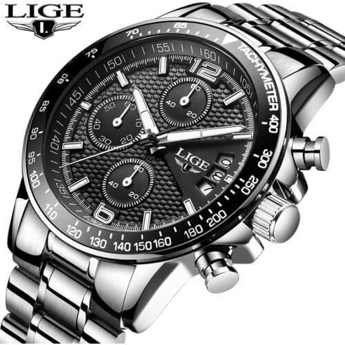 LIGE New Mens Watches Stainless Steel Business Watch Mens Waterproof Date Clock Fashion Sport Quartz Watch Relogio Masculino+Box
