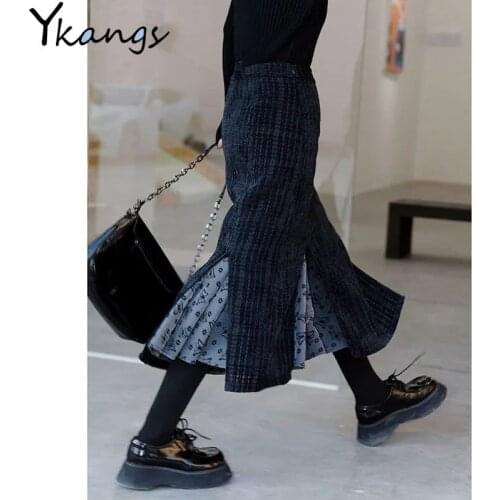 Black High Waist Corduroy Long skirts Women elegant Vintage Midi Pleated Skirt Flower Print Spring Harajuku Korean style Skirt