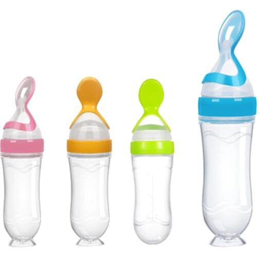 Baby Silicone Squeeze Feeding Bottle With Spoon Food Rice Cereal Feeder Blue Pink Yellow