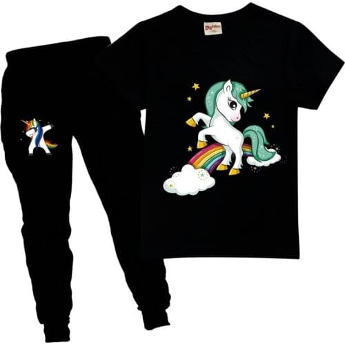 Unicorn Kids Cartoon Outfits Baby Girls Summer Suits 2-16 Years Children Clothing T-shirt + Pants tracksuit girls set