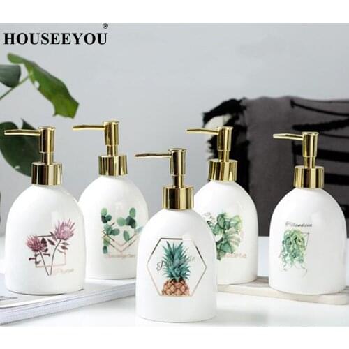 Nordic Style Plant Pattern Ceramic Liquid Soap Dispensers Lotion Bottle Home Hotel Bathroom Shower Gel Press Shampoo Bottle