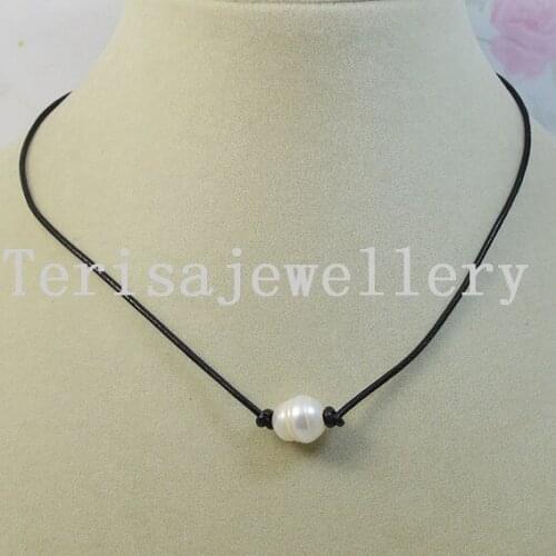 Single Pearl Leather Necklace White Freshwater Pearl Black Leather Choker Necklace Fashion Birthday Wedding Party Jewelry