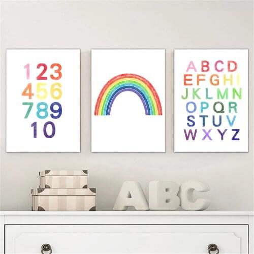 Colorful ABC Art Posters Rainbow Canvas Print Alphabet And Number Nursery Wall Art Painting Nordic Wall Pictures Kids Room Decor