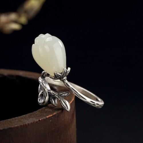 New Arrival silver S925 pure silver, retro natural, Hetian jade, White Magnolia mosaic leaf, ladys opening ring wholesale