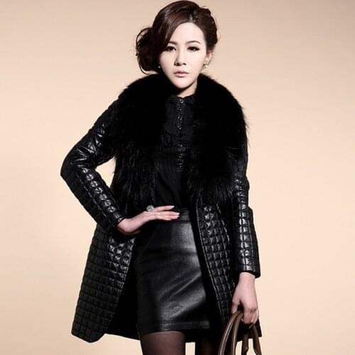 Savabien 2019 Fashion Winter Coat Women Leather Jacket Turn Down Fur Collar Faux Fur Coat Leather Outerwear Long Parkas Jackets