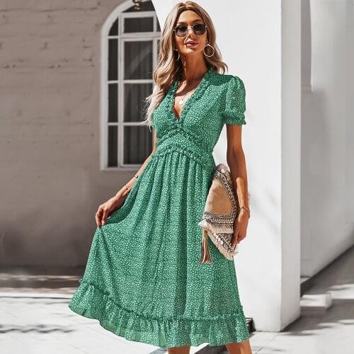 Summer Womens Sexy V Neck High Waist Floral Print Short-Sleeved Dress Beach Casual Holiday Long Chiffon Big Swing Dresses Femme