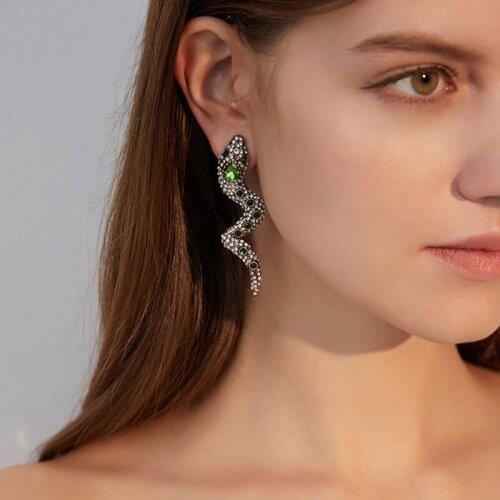 Rongho Vintage Multi Crystal Snake Clip Earrings for Women Hiphop Earring Show Jewelry Long Snake Earring Clips