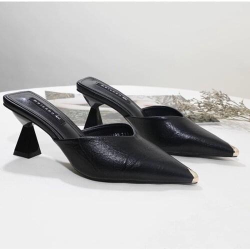 Pointed Toe Beige High Heel Muller Slippers Women 2021 Summer Shoes Woman Fashion Satin Shallow Rubber Sole Female Shoes