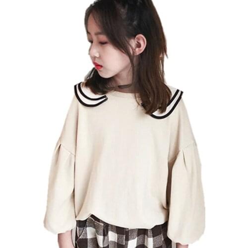 Sweatshirt Kids Girl Winter Spring Fall Korean Style Puff Sleeve Sweatshirt Top Pure Color Cotton Children Clothes 6 8 10 12 13Y