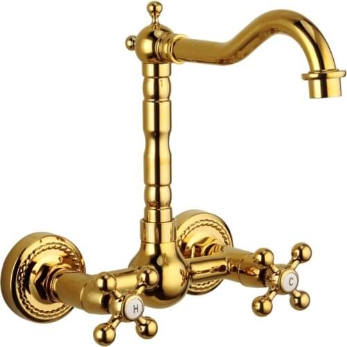 Solid Brass Golden Chrome Faucets Dual Screw Handles Wall Mounted Faucet Hot Cold Water Mixer Tap Bathroom Faucet