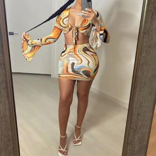 Abstract Print Sheer Mesh Two Piece Set Womens Skirt and Shirt Set Summer Clothing 2021 Sexy Club Outfits