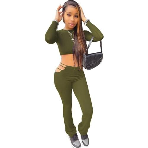 2021 Autumn Sexy Fitness Wear Track Two Piece Pants Suits Women Sets Clothes Long Sleeve Crop Top Side Hollow Out Stacked Leg