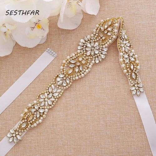 SESTHFAR Diamond Wedding Belt Handmade Crystal Flower Bridal Belt Gold Rhinestones Belt Sash For Wedding Dresses