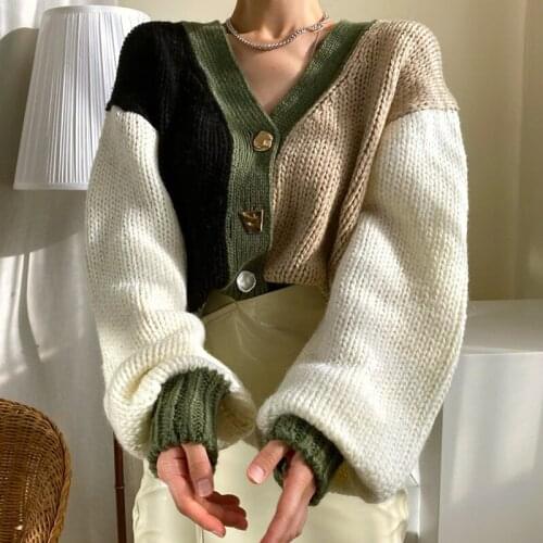 Vintage V-neck Color Contrast Knitted Cardigan Sweater Women Korean Loose Casual Lantern Sleeve Autumn Ladies Short Knitwear Top
