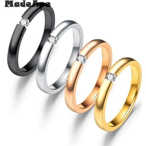 MadApe 2mm Solitaire CZ Stone Ring For Women Wedding Rings Engagement Band Stainless Steel Elegant Temperament Female Jewelry