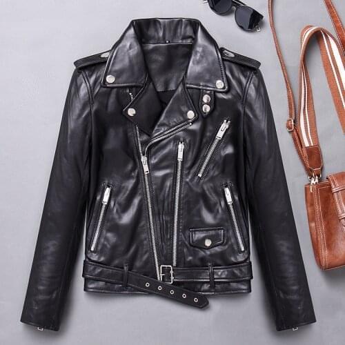 Women Real Multi Zippers Lambskin Genuine Leather Coat With Belt Black Slim Short Motorcycle Biker Jacket Clothes