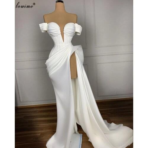 Plus Size White Evening Dresses Long 2020 Dubai Mermaid Prom Dresses Women Party Night High Cut Celebrity Gowns Robe Femme