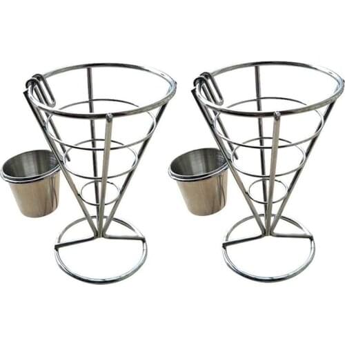 2Pcs French Fries Stand Cone Basket Fry Holder with Sauce Dippers Metal Fried Chicken Display Rack Wire Stand
