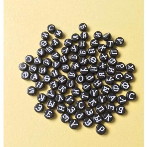 Acrylic Russian Letter Beads 4*7mm 3400pcs Black with White Initial Printing Plastic Flat Coin Round Bracelet Spacer Beads