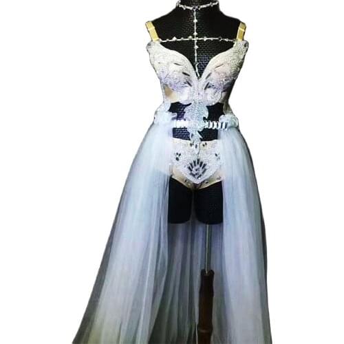 Shining Rhinestones Women Bra Shorts Bikini Set Long Tailing Party Show Performance Stage Wear Evening Prom Birthday Outfit