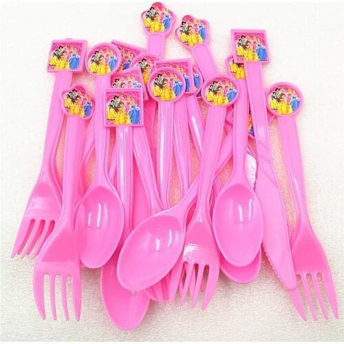 30pc /snow White/belle//jasmine/aurora Princess Knife Fork Spoon Tableware Birthday Party Supplies Cowhide Paper
