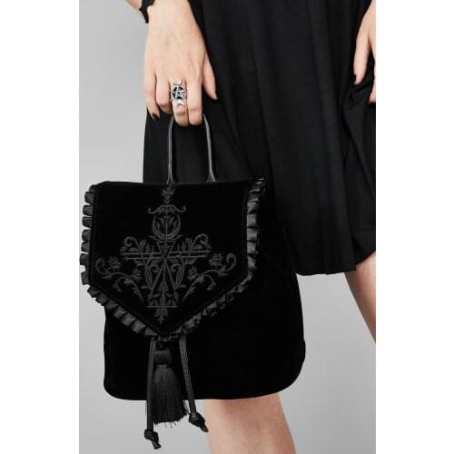 Black New Gothic Velvet Embroid Mini Backpack Dark Metal Witch Copslay