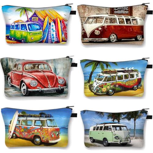 Seaside Holiday Style Cosmetic Bag Women Makeup Bag British Car Girls Storage Bags Ladies Portable Cosmetic Case For Gift