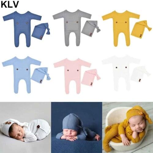 2Pcs Baby Hat Romper Newborn Photography Props Knitted Jumpsuit Long Tail Cap Kit Infants Photo Shooting Clothing Outfits 0-1M