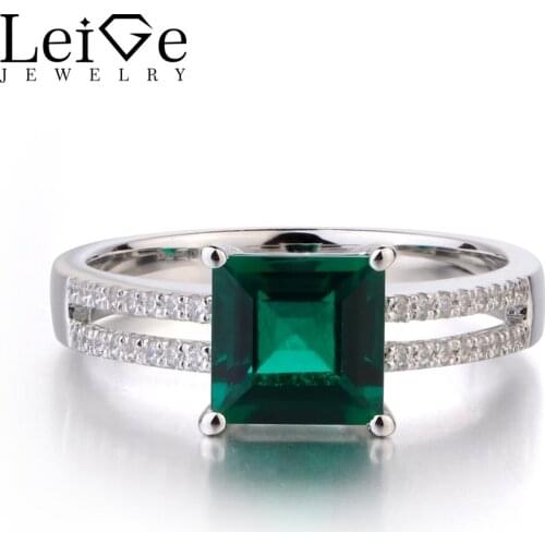 Leige Jewelry Lab Emerald 925 Sterling Silver Ring Princess Cut Green Gemstone May Birthstone Wedding Engagement Rings for Her
