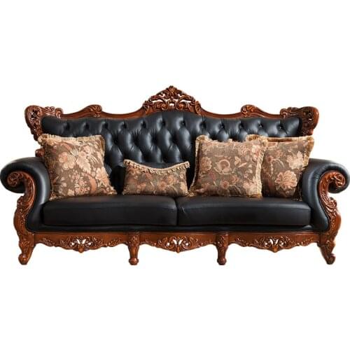 Furniture First Layer Cowhide Solid Wood Sofa American Retro Living Room Black Leather Sofa Combination Bedroom Furniture
