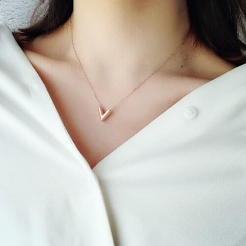 TIMEONLY Minimalist Rose Gold V Pendant Necklaces Small Hollow Linked Chain Necklace Part Gifts for Women Female Metal Jewelry