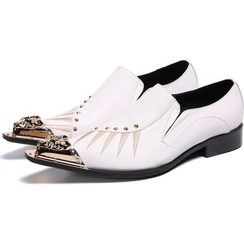 Luxury Brand White Mens Wedding Shoes Embroidery Metal Toe Genuine Leather Dress Party Shoes Rivet Studded Men Oxfords Big Size