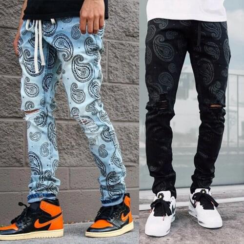 2021 New Black and Blue Printed Jeans For Men Fashion Trendy Ripped Straight Denim Pants Hip Hop Style Trousers S-3XL Drop ship