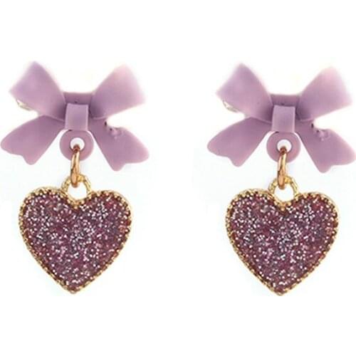 2021 New Korean style Purple Bow Sequin Love Heart Clip on Earrings Sweet Small Cute Heart-Shaped Clip Earrings For Women Decor
