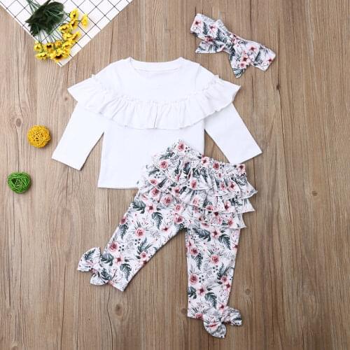 0-5Y Toddler Baby Girls Clothes Sets Autumn Winter Outfits White Ruffle Tops Floral Pants Headband 3Pcs Outfits Set
